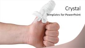  Presentation with finger - Presentation design with broken arm sling - injured bandaged finger isolated background and a white colored foreground