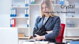  Presentation with female office graphics - Colorful slides enhanced with broken arm sling - injured female employee working backdrop and a light blue colored foreground