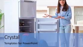  Presentation with broken home - Colorful presentation theme enhanced with broken home - man repairing fridge with customer backdrop and a light blue colored foreground