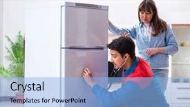  Presentation with fridge - Audience pleasing slides consisting of broken home - man repairing fridge with customer backdrop and a light blue colored foreground