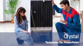  Presentation with fridge - Slides having broken home - man repairing fridge with customer background and a ocean colored foreground