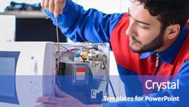  Presentation with broken home - Beautiful PPT theme featuring broken home - young repairman fixing and repairing backdrop and a cobalt blue colored foreground