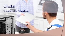  Presentation with laptop - Audience pleasing slide deck consisting of broken laptop in service center backdrop and a  colored foreground