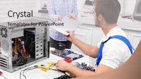  Presentation with laptop - Slide deck with broken laptop in service center background and a light gray colored foreground