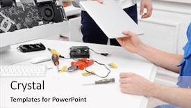  Presentation with multimedia service center - Colorful theme enhanced with broken laptop in service center backdrop and a  colored foreground