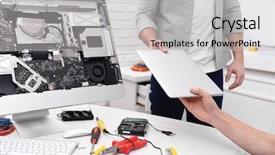  Presentation with laptop - Amazing theme having broken laptop in service center backdrop and a light gray colored foreground