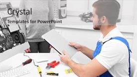  Presentation with multimedia service center - PPT theme having broken laptop in service center background and a light gray colored foreground