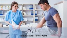 Presentation with broken leg - Presentation design enhanced with broken leg - doctor and patient during check-up background and a light blue colored foreground
