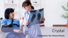  Presentation with incident - Amazing slide deck having broken leg - doctor examining old mature woman backdrop and a light blue colored foreground