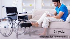  Presentation with young man on the phone - Cool new slide set with broken leg - injured young man recovering backdrop and a light gray colored foreground