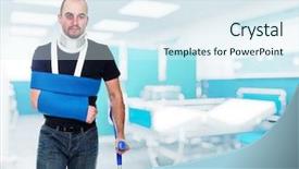  Presentation with workplace safety hospital - Slide deck consisting of broken leg - portrait of caucasian injured man background and a sky blue colored foreground