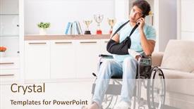 Presentation with wheelchair - PPT theme with broken leg - young handsome man in wheelchair background and a sky blue colored foreground