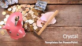  Presentation with piggy bank broken piggybank - PPT theme with broken piggy bank with cash background and a coral colored foreground