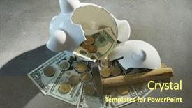  Presentation with piggy bank - Slide deck featuring broken piggy bank with money background and a tawny brown colored foreground