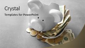  Presentation with piggy bank broken piggybank - Theme consisting of broken piggy bank with money background and a light gray colored foreground