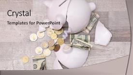  Presentation with piggy bank broken piggybank - Presentation design featuring broken piggy bank with money background and a light gray colored foreground