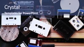  Presentation with audio analoge tape master - Amazing PPT layouts having broken record - collection of retro audio tapes backdrop and a ocean colored foreground