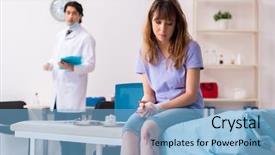  Presentation with young man and a woman - Presentation design enhanced with broken record - leg injured young woman visiting background and a  colored foreground