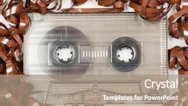  Presentation with audio tape - Presentation design having broken record - vintage transparent compact cassette background and a coral colored foreground