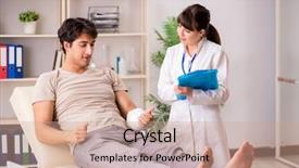  Presentation with record - Slides with broken record - young man with bandaged arm background and a  colored foreground