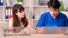  Presentation with record - Presentation theme featuring broken record - young woman with bandaged arm background and a  colored foreground