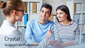  Presentation with realtor - Presentation design featuring broker - happy young couple making deal background and a light blue colored foreground