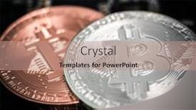  Presentation with circuit - Presentation theme consisting of bronze and silver bitcoin coins on computer circuit board close up background and a coral colored foreground