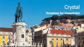  Presentation with king - Slide deck enhanced with bronze statue of king jose on the horse old colorful houses on background under blue sky at commerce square in lisbon portugal background and a teal colored foreground
