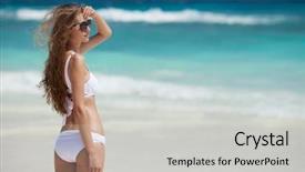  Presentation with tan - Amazing theme having bronze tan woman sunbathing at tropical beach backdrop and a light gray colored foreground