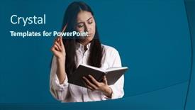  Presentation with planner - Audience pleasing PPT theme consisting of brooding-beautiful-asian-girl-writing backdrop and a ocean colored foreground
