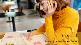  Presentation with student evaluation - Slide deck having brooding-redhead-student-girl-drinking background and a gold colored foreground