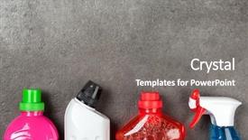  Presentation with cleaning agents - Amazing slide set having broom - cleaning supplies on grey background backdrop and a gray colored foreground