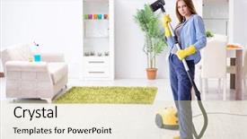  Presentation with cleaning - Cool new PPT theme with broom - young woman cleaning floor backdrop and a soft green colored foreground