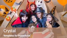  Presentation with grotesque halloween - Presentation design consisting of broomstick - big family making selfie background and a coral colored foreground