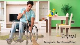  Presentation with wheelchair - Presentation design with broomstick - disabled man on wheelchair cleaning background and a coral colored foreground