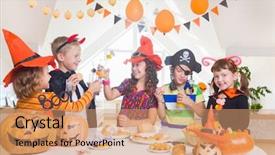  Presentation with diverse group of children - PPT theme consisting of broomstick - group of funny children background and a coral colored foreground