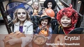  Presentation with muslim kids halloween - Slides enhanced with broomstick - kids in halloween costumes background and a tawny brown colored foreground