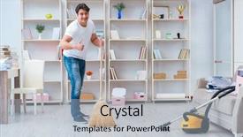  Presentation with cleaning - Presentation design enhanced with broomstick - man doing cleaning at home background and a light blue colored foreground