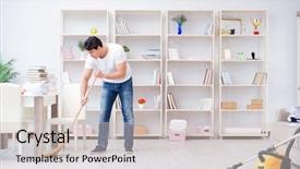  Presentation with cleaning - Audience pleasing presentation design consisting of broomstick - man doing cleaning at home backdrop and a light gray colored foreground