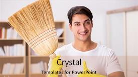  Presentation with cleaning - Audience pleasing slides consisting of broomstick - man husband cleaning home backdrop and a coral colored foreground