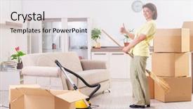  Presentation with pregnant woman cleaning - Beautiful PPT theme featuring broomstick - middle-aged woman cleaning new apartment backdrop and a white colored foreground