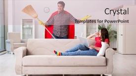  Presentation with wife - Slide set with broomstick - superhero husband helping his wife background and a soft green colored foreground