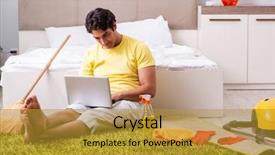  Presentation with cleaning service excel - Slide set having broomstick - young handsome man cleaning background and a gold colored foreground