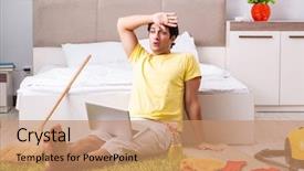  Presentation with cleaning - Cool new PPT theme with broomstick - young handsome man cleaning backdrop and a coral colored foreground