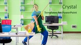  Presentation with professional - PPT theme with broomstick - young male handsome professional cleaner background and a  colored foreground