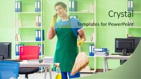  Presentation with professional - Audience pleasing slide set consisting of broomstick - young male handsome professional cleaner backdrop and a  colored foreground