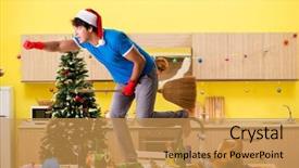  Presentation with christmas party - Theme consisting of broomstick - young man cleaning kitchen background and a gold colored foreground