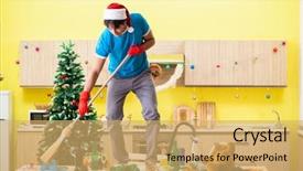  Presentation with christmas party - Audience pleasing slides consisting of broomstick - young man cleaning kitchen backdrop and a yellow colored foreground