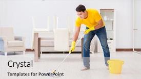  Presentation with energy conservation home - Audience pleasing PPT layouts consisting of broomstick - young man doing chores backdrop and a light gray colored foreground