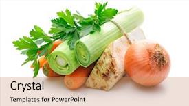  Presentation with carrots - Presentation having broth carrots onion leeks celery background and a coral colored foreground